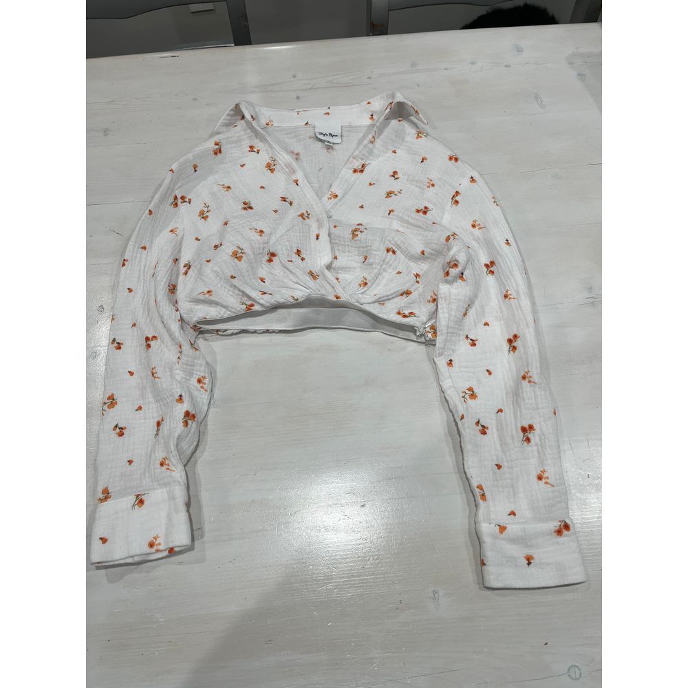 Sky to Moon Floral Crop‎ Top Long Sleeve Blouse White Orange Size M